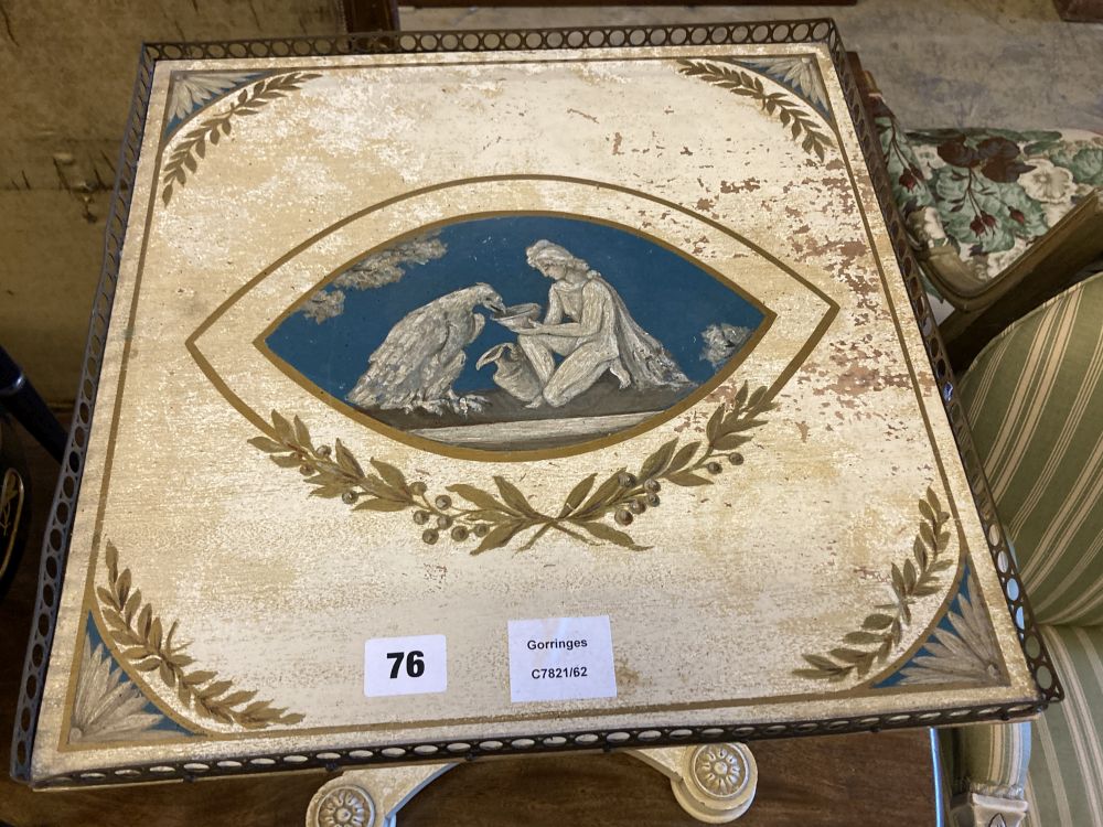 A Regency style square topped table, painted with a classical scene, width 38cm, height 46cm
